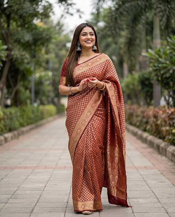 Shri Hari Sarees Women's Banarasi Silk Kanjivaram Pattu Saree with Zari Butta Work & Rich Contrast Pallu (Unstitched Blouse Piece)